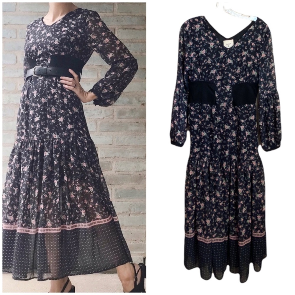 I. Madeline Lulu’s Black Floral Long Sleeve Maxi Dress with Pink Accents